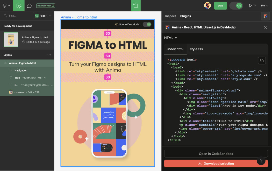 How to export Figma design to HTML using Anima plugin Dev Mode